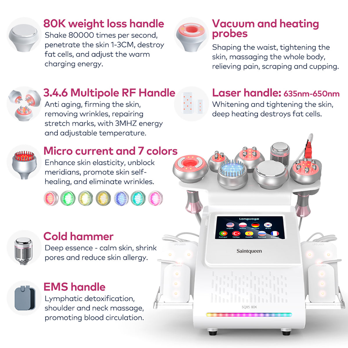 SQ85D Plus | Aura Sculpt Vacuum + Microcurrent 9-in-1 80K Body-Contouring-Gerät – Ultraschall-Kavitation, multipolare RF, Vakuummassage und Laser-Lipo-Pads