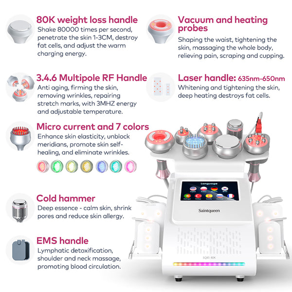 SQ85D Plus | Aura Sculpt Vacuum + Microcurrent 9-in-1 80K Body-Contouring-Gerät – Ultraschall-Kavitation, multipolare RF, Vakuummassage und Laser-Lipo-Pads