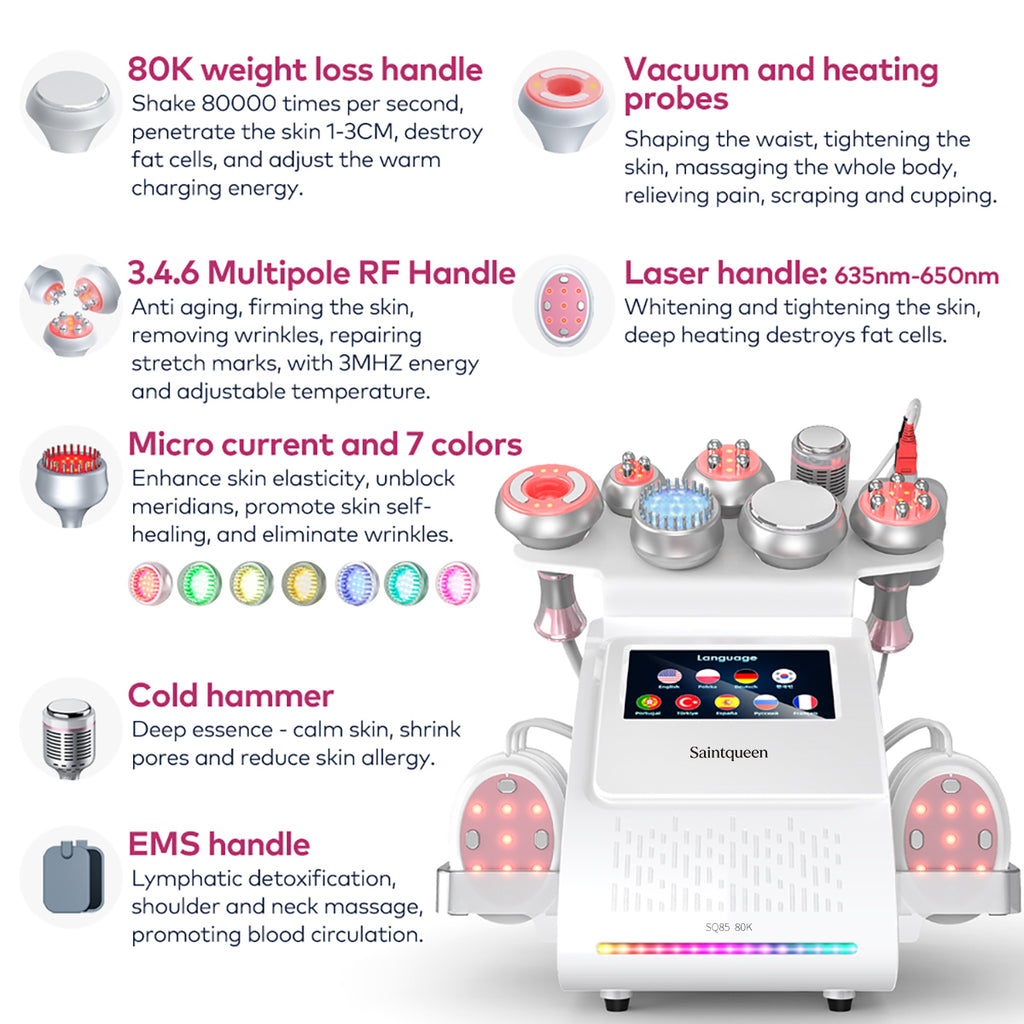 SQ85E Plus | Aura Sculpt RF Heat + Microcurrent 9-in-1 80K Body-Contouring-Gerät – Ultraschall-Kavitation, multipolare RF, EMS und Mikrostrom