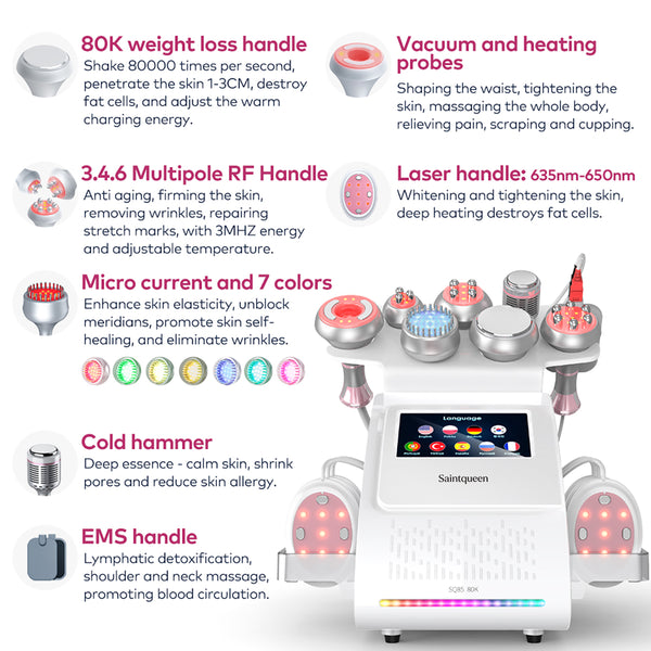 SQ85E Plus | Aura Sculpt RF Heat + Microcurrent 9-in-1 80K Body-Contouring-Gerät – Ultraschall-Kavitation, multipolare RF, EMS und Mikrostrom