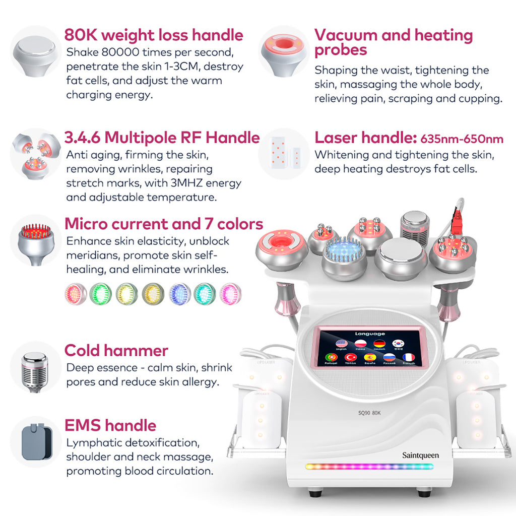 SQ90D Plus | Form & Firm Laser + Microcurrent 9-in-1 80K Body-Contouring-Gerät – Ultraschall-Kavitation, multipolare RF, Vakuummassage und Laser-Lipo-Pads