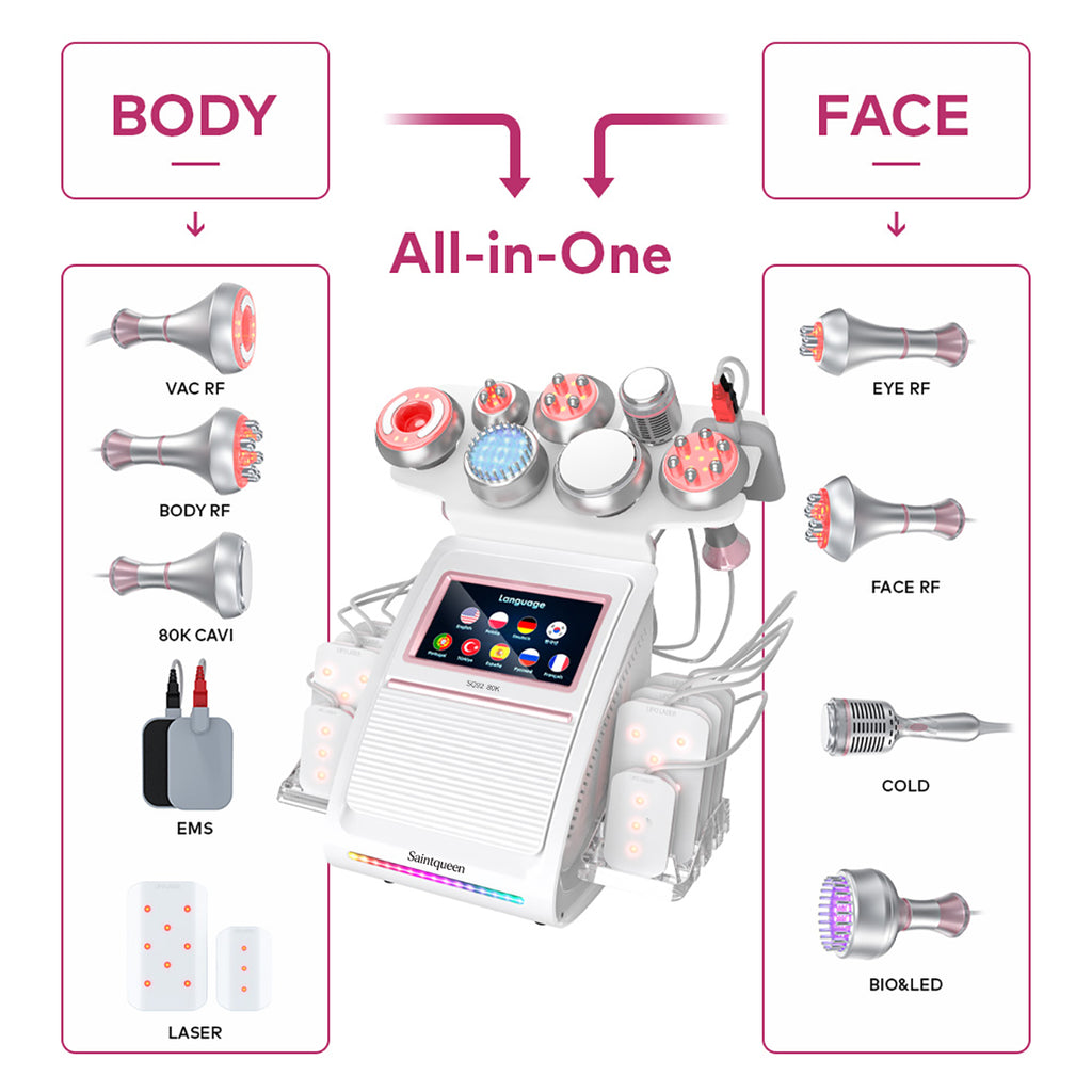 SQ92D Plus | Contour Complete Laser + Microcurrent 9-in-1 80K Body-Contouring-Gerät – Ultraschall-Kavitation, multipolare RF, Laser-Lipo-Pads und Mikrostrom
