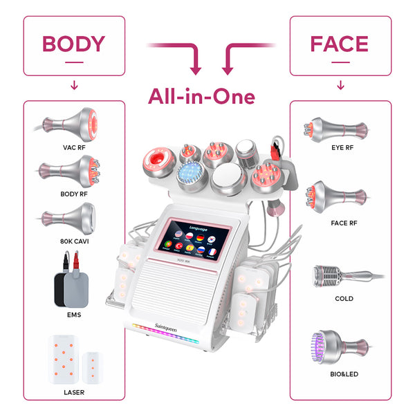SQ92D Plus | Contour Complete Laser + Microcurrent 9-in-1 80K Body-Contouring-Gerät – Ultraschall-Kavitation, multipolare RF, Laser-Lipo-Pads und Mikrostrom
