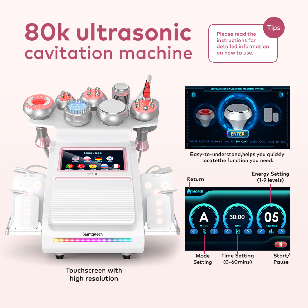 SQ92D Plus | Contour Complete Laser + Microcurrent 9-in-1 80K Body-Contouring-Gerät – Ultraschall-Kavitation, multipolare RF, Laser-Lipo-Pads und Mikrostrom
