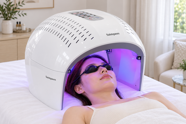 SQ1 four-mode LED panel fully unfolded during a facial-care session with protective goggles