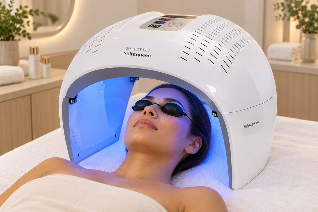 SQ1 seven-mode RGB LED panel fully unfolded for blue-light facial care with protective goggles