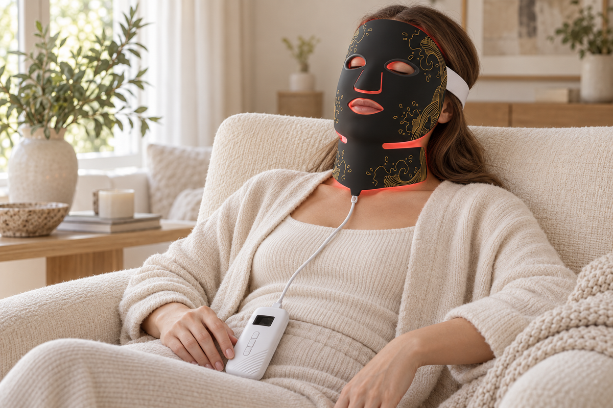 SQ131 LED mask worn during an at-home care routine