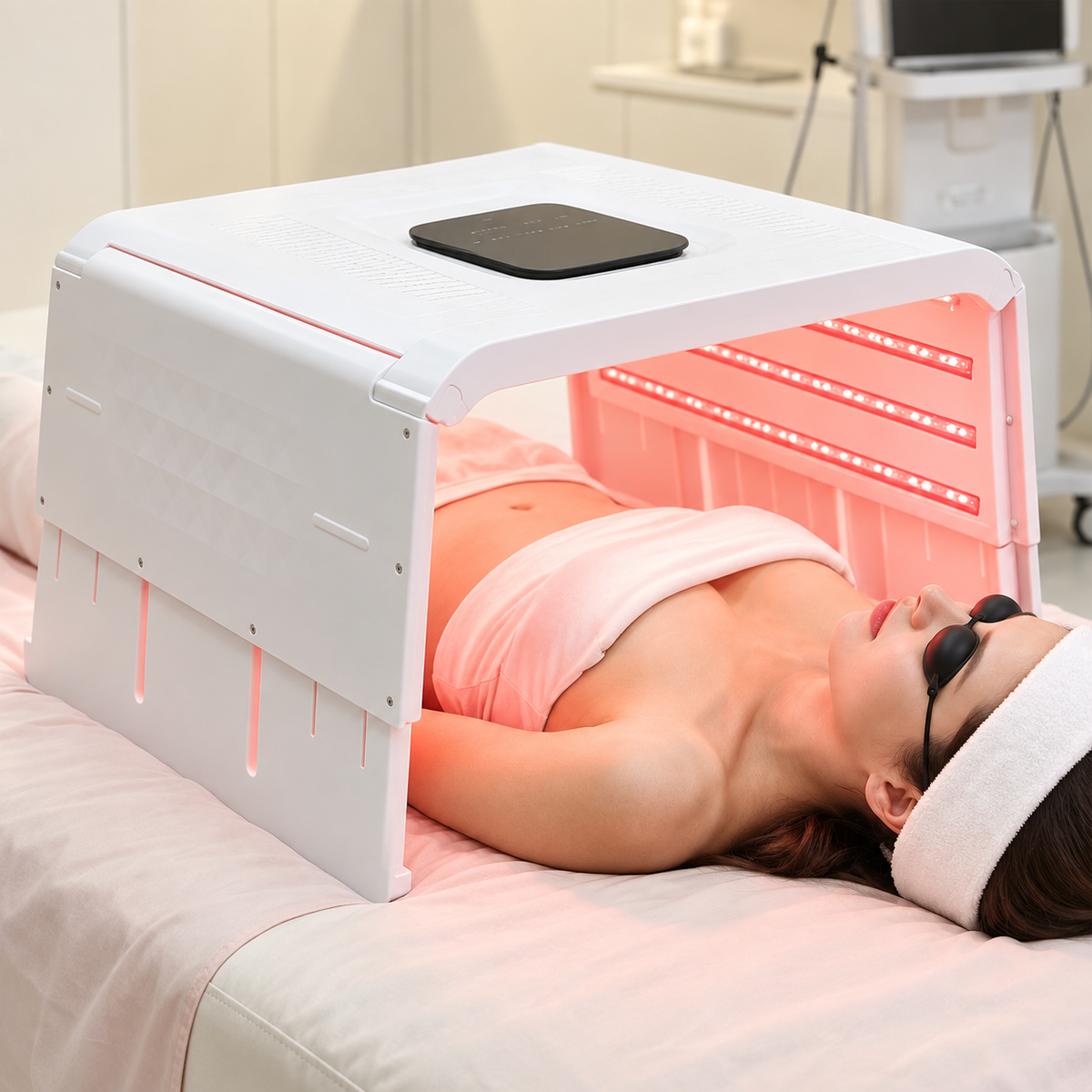 SQ22 rectangular light dome fully unfolded on a bed with the user wearing protective goggles