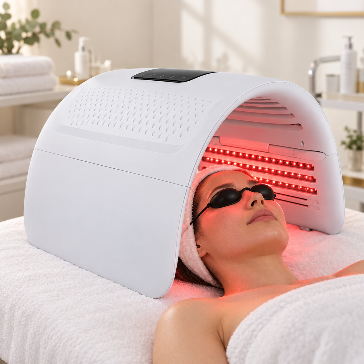 SQ7 fully unfolded on a salon bed during a red-light session with protective goggles